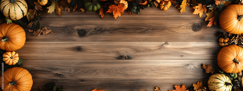 Poster Empty wooden floor or table made of old oak planks with pumpkins and autumn leaves top view. Halloween or Thanksgiving mock up for design and product display