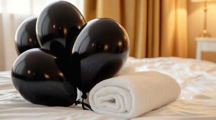 Black balloons in bed linen and towels in the hotel spa and wellness salon, Black Friday special offer for hotel services
