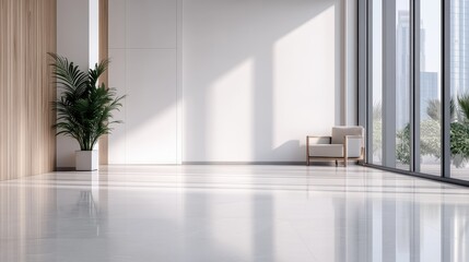 A spacious, light-filled room featuring a sleek armchair and a lush potted plant, emphasizing clean lines and natural light streaming through large windows.