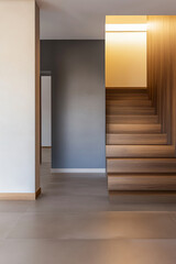 Modern interior view of a spacious hallway leading to a wooden staircase in a contemporary home