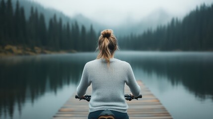 A serene bike ride across a wooden path over a fog-enveloped mountain lake, encapsulating tranquility, inner peace, and the beauty of untouched nature.