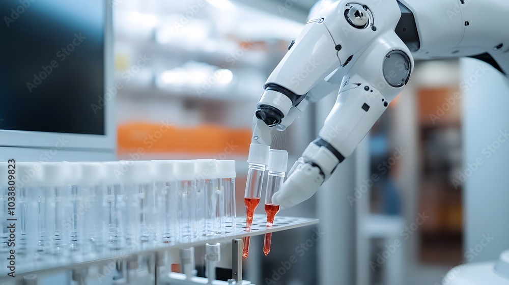 Aufkleber robotic arm handling test tubes with red liquid in a laboratory setting