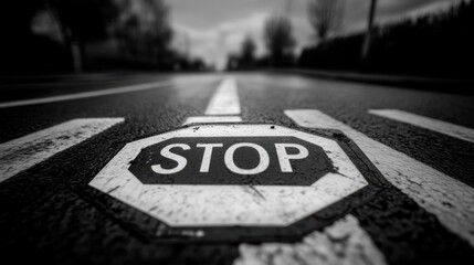 Deserted road featuring a prominent stop sign on the asphalt during a moody overcast day in a tranquil urban setting