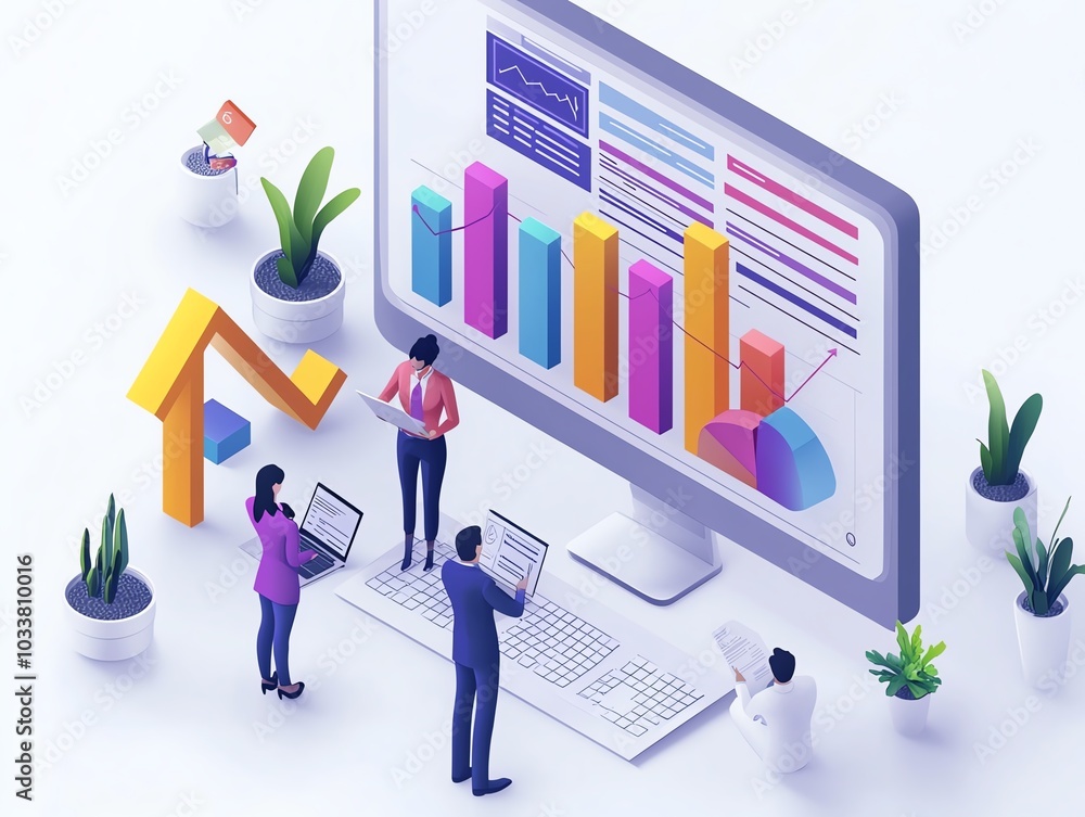 Poster digital workspace showcasing teamwork and data visualization with graphs, laptops, and office plants