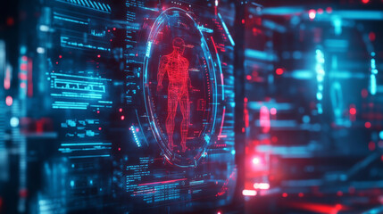 Obraz premium A futuristic healthcare software HUD background in a sci-fi cyberpunk style. This head-up display features patient monitoring software, a UI dashboard, and a 3D human body scan, presented as a vector 