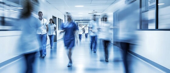 Dynamic scene of healthcare workers on the move in hospital corridor. Blurry figures of doctors in hospital