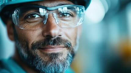 An engineer with safety glasses and helmet closely examines advanced machinery, embodying focus, competence, and technical proficiency in an industrial context.