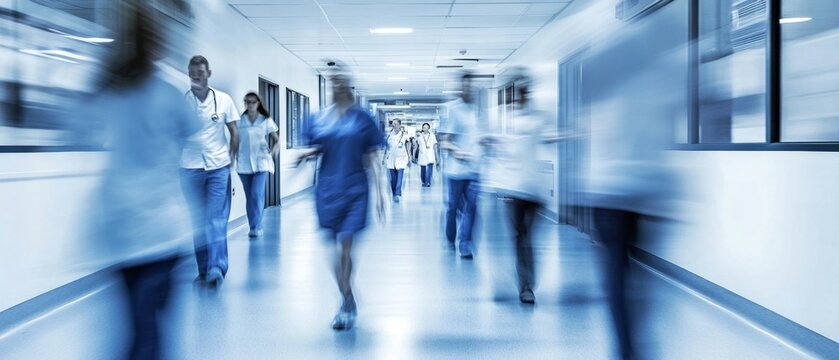 Dynamic scene of healthcare workers on the move in hospital corridor. Blurry figures of doctors in hospital