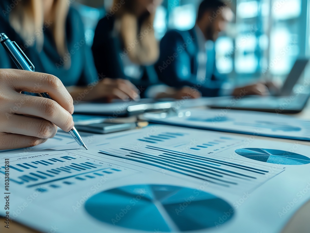 Poster a close-up of a business hand analyzing financial charts and graphs, showcasing teamwork and data an