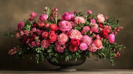 Obraz premium Opulent floral display fills an antique vase with an abundance of pink and red roses, peonies, and eucalyptus foliage