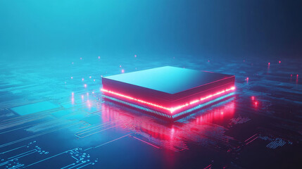 A futuristic microchip processor illuminated with lights against a blue background. This isometric banner highlights the concepts of quantum computing, large data processing, and central computer proc