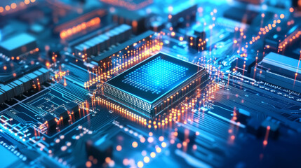 A futuristic microchip processor illuminated with lights against a blue background. This isometric banner highlights the concepts of quantum computing, large data processing, and central computer proc