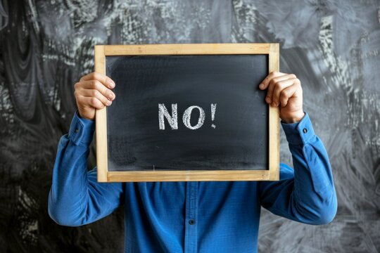 A person holds a chalkboard sign that says No. This image conveys a strong message of refusal and determination. It captures a modern and minimalistic style. AI