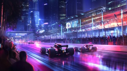 Panoramic image of vibrant nighttime scene of a Formula 1 race in a city setting. Tribune of spectators watching race event