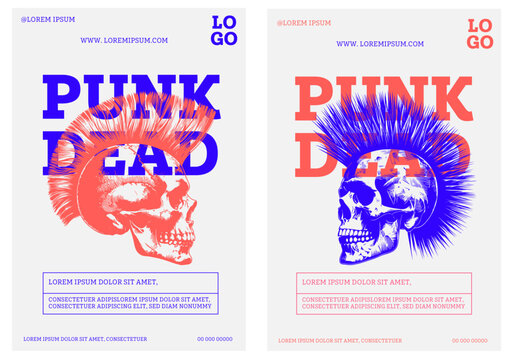 Punk dead, rock concert event poster skull with Mohawk template 
