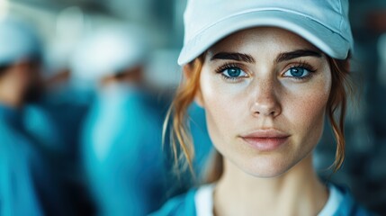 A confident worker wearing a cap stands poised amidst a bustling industrial environment, highlighting individuality and composed presence amid high-paced activity.