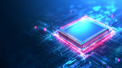 A futuristic microchip processor illuminated with lights against a blue background. This isometric banner highlights the concepts of quantum computing, large data processing, and central computer proc