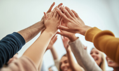 A diverse group of people raising hands together in celebration, symbolizing teamwork, unity, and shared success, conveying the spirit of collaboration and inclusivity