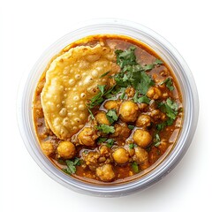 Top view of a plastic container with chole bhature isolated on white background