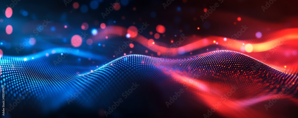 Poster abstract digital art with dark background featuring blue and red waves of dots for a futuristic tech