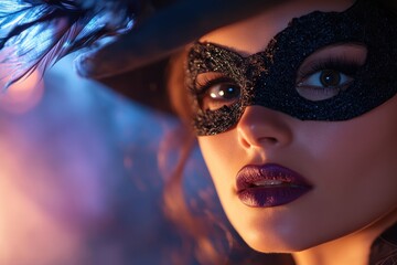 A mysterious woman with a sparkling mask, feathered hat, and striking purple lips poses dramatically under moody lighting, exuding an air of intrigue and mystique.