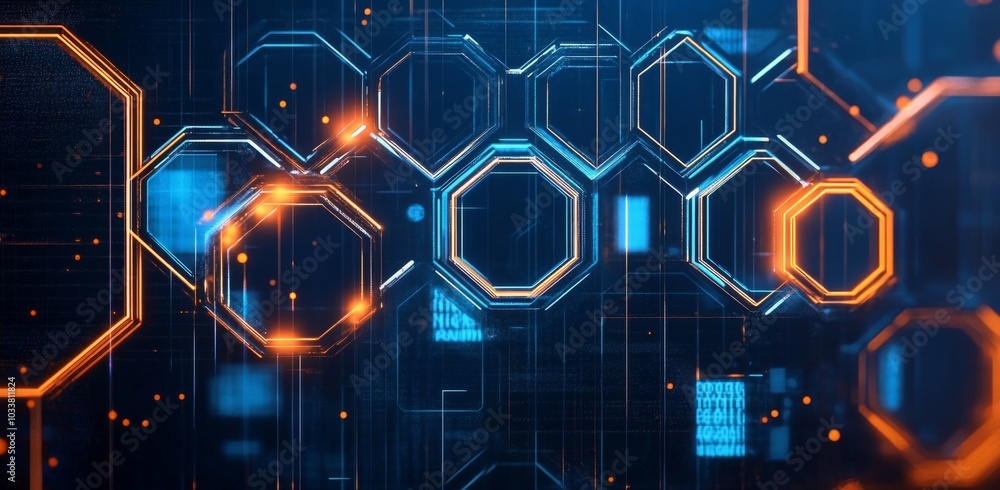 Poster futuristic digital art concept with grid patterns and hexagonal shapes in blue, orange, and yellow t