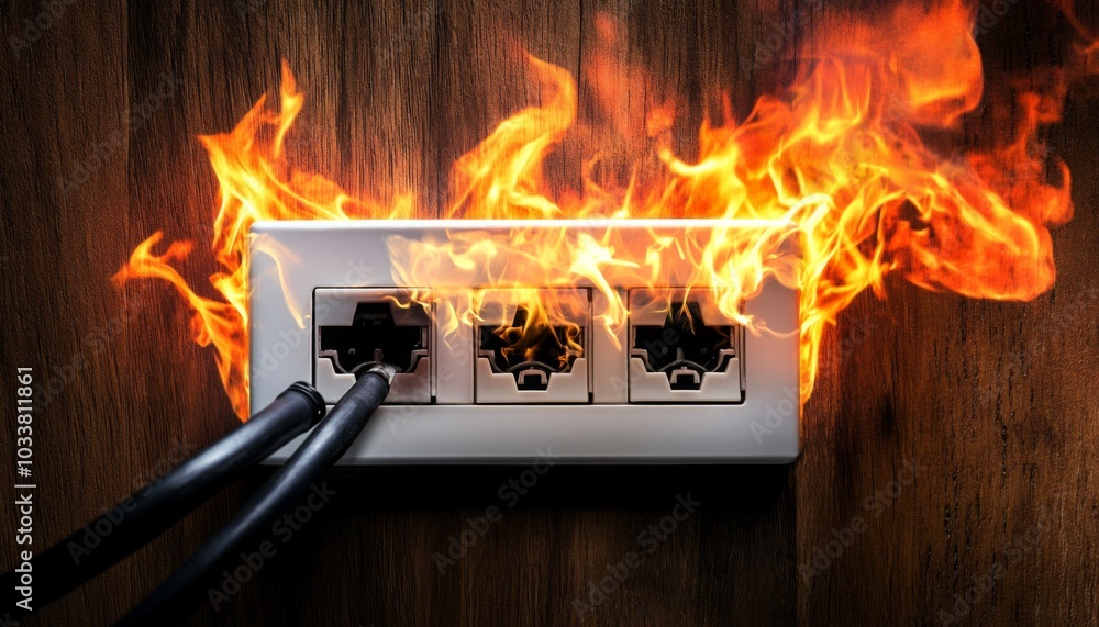 Poster fiery electrical outlet with three sockets and engulfed power cord on white background - chaotic and