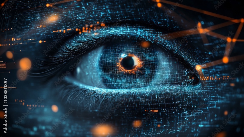 Poster futuristic human eye with interconnected interface and network lines on dark orange blue data backgr
