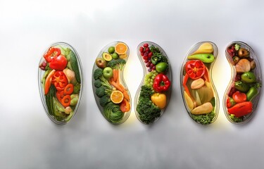 Five glass bowls filled with various fruits and vegetables arranged in a row on a white background.