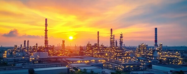 Naklejka premium Sunset view of a vast refinery, fuel processing technology, industrial skyline