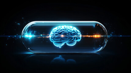 A graphic illustration of a realistic transparent pill containing a futuristic brain inside, symbolizing advanced medical treatment for human nerve health. The design emphasizes the innovative approac