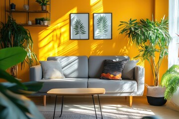Cozy modern living room interior with yellow walls and lush plants