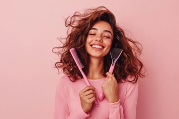 Joyful woman wearing pink shirt holding hairbrush and comb