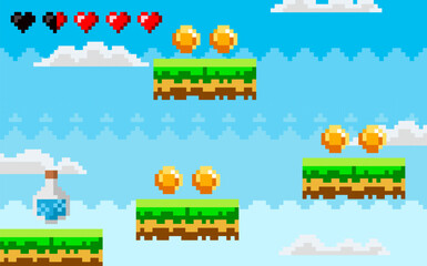 Fototapeta premium Retro pixel art scene of a platformer game level with coins, hearts, clouds, floating platforms, drink potion and blue sky. Ideal for gaming design, retro aesthetics, pixel art fans, nostalgia
