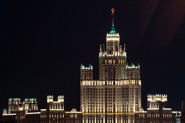 Moscow, Russia - May 26, 2023: Stalinist skyscraper in Kotelnicheskaya shore drive, night view.