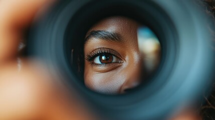 A close-up view of an eye framed by a camera lens symbolizes curiosity, creativity, and the art of capturing precious moments through photography.