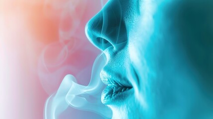 Close-up of human nose during inhalation, capturing the subtle rise and fall of breath, symbolizing life's delicate balance and the continuous cycle of existence.