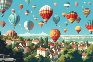 Fototapeta premium Colorful balloons fly at sunrise and soar over the city against a backdrop of bright blue sky and mountains. Cartoon style. Oil painting