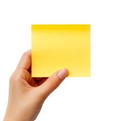 Hand holding yellow sticky note isolated on transparent background