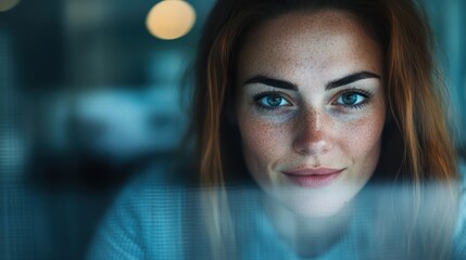 A close-up captures a freckled woman with striking blue eyes and a gentle smile, expressing charm and confidence amidst a blurred background that enhances her presence.
