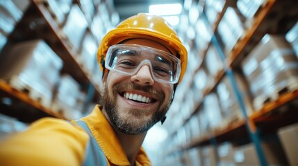 A bearded man with a hard hat and safety glasses grins broadly in a warehouse aisle, conveying a sense of accomplishment and job satisfaction in an industrial setting.