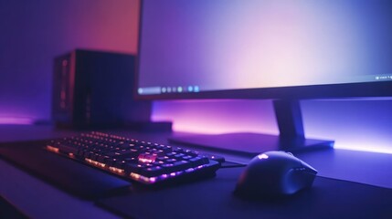A close-up shot of a sleek computer monitor on a gaming desk with a glowing mouse and keyboard, surrounded by soft LED lighting
