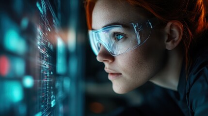 A woman wearing protective goggles intensely examines a dynamic digital display filled with data, representing focus and technological expertise in a futuristic setting.
