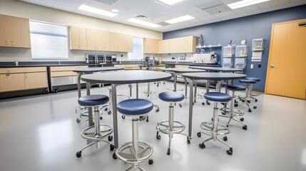 Modern Laboratory Classroom with Tables, Chairs, and Equipment
