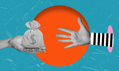 Modern art collage shows a hand with money and a crook's hand trying to steal money.