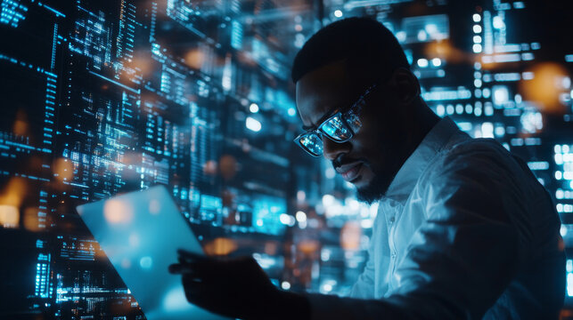 An image of an African American male engineer using a laptop in a server room, with data processing visuals overlaying the scene. The composition highlights computer interfaces and business data stora