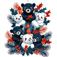 A whimsical illustration of black and white bears surrounded by festive holly and pine, embodying a playful holiday spirit.