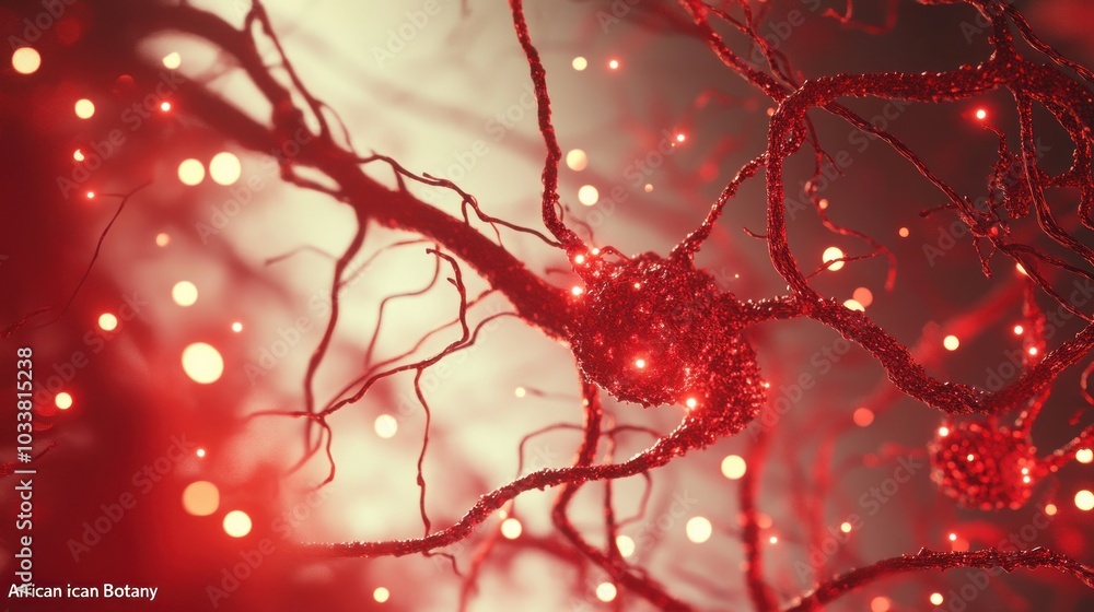 Poster red neuron network - abstract neural structure