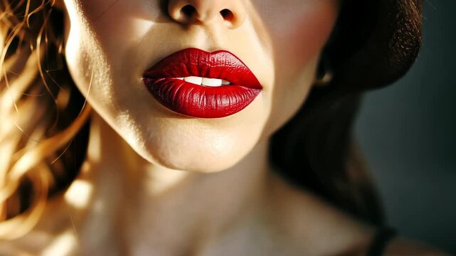 Glamorous Close-Up Woman's Lips Wearing Bold Red Lipstick Against Dark Background - Beauty, Seduction, Elegance, and Sophistication