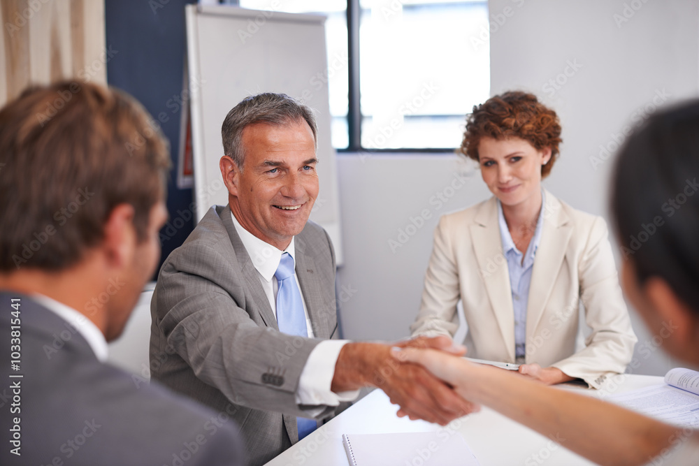 Sticker Business people, handshake and deal conversation with team management of partnership meeting. Shaking hands, communication and agreement at table with contract and operation review success in office